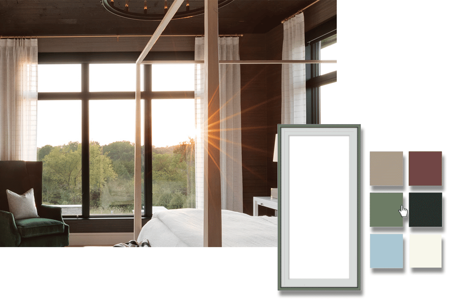 Beautiful bedroom with sun peeking in with design tool overlay