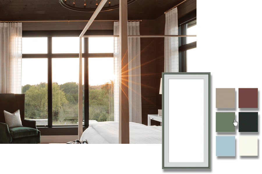 Beautiful bedroom with sun peeking in with design tool overlay